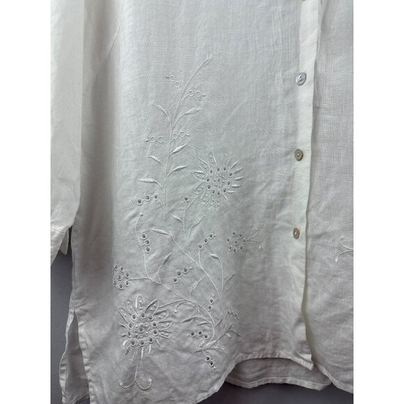 Women’s Edward XL Irish Linen Shell Button Up White Floral Embroidery 3 Quarter - Picture 2 of 5
